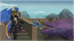 16:9 4k absurd_res anthro armor dragon hi_res horn landscape lizard loxios male melee_weapon mr.brapion muscular mythological_creature mythological_scalie mythology polearm reptile scalie solo spear wallpaper weapon widescreen wings