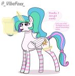 accessory clothed clothing clothing_lift cutie_mark english_text equid equine female feral footwear friendship_is_magic hair hair_accessory hair_wraps hasbro horn horse legwear mammal multicolored_hair multicolored_tail my_little_pony mythological_creature mythological_equine mythology partially_clothed pattern_clothing pattern_legwear princess_celestia_(mlp) simple_background socks solo speech_bubble striped_clothing striped_legwear stripes tail telekinesis text unicorn vibefoxx white_body winged_unicorn wings wrapped_tail