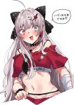  1girl absurdres ahoge blush bow bra_strap collar commentary_request fishnet_pantyhose fishnets grey_eyes grey_hair hair_bow heterochromia highres ishigami_nozomi ishigami_nozomi_(1st_costume) looking_at_viewer midriff multicolored_hair navel necktie nijisanji off-shoulder_shirt off_shoulder pantyhose red_eyes red_streaks shirt simple_background solo speech_bubble spiked_collar spikes streaked_hair sweatdrop translation_request virtual_youtuber white_background yuki_maccha_(yukimattya10) 