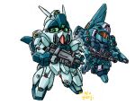 artist_name assault_visor beam_rifle char's_counterattack chibi commentary energy_gun full_body green_eyes gun gundam gundam_unicorn holding holding_gun holding_weapon looking_at_viewer mecha mecha_focus mobile_suit moukin_punch no_humans orange_assault_visor radio_antenna re-gz rezel robot science_fiction sd_gundam simple_background weapon white_background 