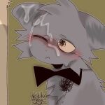 1:1 2025 akylazz anthro black_bow_tie blush bodily_fluids bow_tie cum cum_on_ear cum_on_face cum_on_head digital_media_(artwork) duo embarrassed felid feline fluffy fluffy_face fluffy_hair foxanto fur genital_fluids grey_body grey_fur hair hi_res male male/male mammal one_eye_closed oosharkoo russian_text simple_background solo_focus text watermark