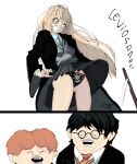  1girl 2boys absurdres black_coat black_hair black_panties black_skirt blonde_hair clenched_teeth clothes_lift coat commentary cowboy_shot english_commentary genderswap genderswap_(mtf) green_eyes green_necktie grey_vest half-closed_eyes harry_potter harry_potter_(series) highres hogwarts_school_uniform jackerman988 lace lace_panties long_hair long_sleeves lowleg lowleg_panties malfoid multiple_boys neckerchief necktie oneyng_(style) open_clothes open_coat open_mouth orange_hair panties pleated_skirt red_necktie ron_weasley scar scar_on_face scar_on_forehead school_uniform signature simple_background skirt skirt_lift teeth thighs underwear upper_body vest wand white_background wide-eyed wide_sleeves wizarding_world yellow_neckerchief 