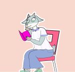 2026 2_horns 3_fingers 4chan_anon anthro bent_arm big_breasts big_eyes big_iris biped blue_bottomwear blue_clothing blue_pants book bottomwear bovid breasts caprine chair closed_smile clothed clothed_anthro clothed_female clothing digital_drawing_(artwork) digital_media_(artwork) eyelashes female fingers footwear fully_clothed fully_clothed_anthro fully_clothed_female fur fur_tuft furniture goat green_body green_clothing green_ears green_eyes green_footwear green_fur green_shoes green_tail grey_horn head_tuft hi_res holding_book holding_object horn iris leaning leaning_forward light_body light_fur litterbox_comics long_eyelashes mammal monotone_background mouth_closed multicolored_body multicolored_clothing multicolored_fur multicolored_shirt multicolored_topwear no_pupils on_chair outline pants pattern_clothing pattern_shirt pattern_topwear pink_chair pink_nose reading reading_book shirt shoes short_horn short_sleeves simple_background sitting sitting_on_chair small_horn smile snout solo striped_clothing striped_shirt striped_topwear stripes tail tan_background thick_thighs three-quarter_view topwear tuft two_tone_body two_tone_clothing two_tone_fur two_tone_shirt two_tone_topwear unknown_artist unnamed_character white_body white_fur white_outline white_sclera