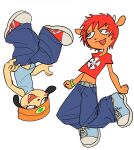  1boy 1girl animal_ears beanie belt blue_belt blue_pants blue_shirt blue_shoes blush_stickers bracelet commentary dog_boy dog_ears eyelashes full_body furry furry_female furry_male grey_eyes hat highres horns jab3302 jewelry lammy_(um_jammer_lammy) navel open_mouth orange_fur orange_hat pants parappa parappa_the_rapper red_hair red_lips red_shirt red_shoes sheep_ears sheep_girl sheep_horns shirt shoes short_hair sneakers um_jammer_lammy upside-down white_background yellow_fur 