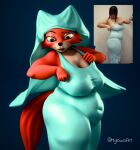 3d_(artwork) anthro belly big_breasts big_butt blue_clothing blue_dress breasts butt canid canine clothing confusion digital_media_(artwork) disney dress female fox hi_res huge_butt maid_marian mammal milowo_43 overweight overweight_female photo_reference red_body reference_image reference_inset rin_fujisaki_dress_meme robin_hood_(disney) simple_background solo tail teal_clothing teal_dress thick_thighs tight_clothing