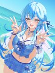  1girl :d ahoge bare_shoulders blue_hair blue_nails blue_skirt breasts cleavage commentary_request crossed_bangs double_v elf frilled_skirt frills hair_between_eyes heart heart_ahoge highres hololive jewelry large_breasts long_hair long_pointy_ears looking_at_viewer midriff miniskirt multicolored_hair navel necklace ocean open_mouth outdoors plaid_clothes plaid_skirt pointy_ears sand skirt sleeveless smile solo streaked_hair teeth twitter_username upper_teeth_only v virtual_youtuber water yellow_eyes you06 yukihana_lamy yukihana_lamy_(a_cool_healing_sip) 