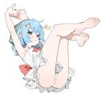  1girl arms_up ass back_bow bare_shoulders barefoot blue_eyes blue_hair bow breasts character_request chest_bow dress feet floating full_body highres legs_up measho medium_hair original panties red_bow short_dress simple_background sleeveless sleeveless_dress small_breasts solo underwear white_background white_dress white_panties 