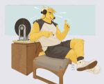 anthro artist_name bench black_bottomwear black_clothing black_footwear black_shorts black_socks bottomwear cervine chuck_taylor_all_stars clothed clothed_male clothing converse deer dj_strap electronics eyes_closed fangs footwear fur furniture headphones hi_res horn listening_to_music male male_anthro mammal muntjac raglan_shirt record_player remulle_(artist) shoes shorts simple_background sitting sleeveless_shirt sleeveless_topwear sneakers socks solo sony_corporation teeth text yellow_body yellow_fur