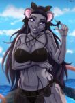 abs absurd_res accessory anthro belly big_breasts bikini black_bikini black_clothing black_swimwear bow_ribbon breasts clothing cloud delphine_(tiptop88) ear_piercing facial_piercing female female_anthro fur furgonomics grey_body grey_fur hair half-length_portrait hi_res ivywoof lip_piercing mammal mouse mouse_tail murid murine nipple_outline nipple_piercing_outline nose_piercing notched_ear piercing pinup portrait pose purple_eyes purple_hair ribbons rodent rounded_ears sea sky smile solo standing striped_body stripes swimwear tail tail_accessory tail_ribbon two-piece_swimsuit water wide_hips