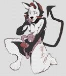 2024 anthro asht0n barefoot black_body black_nose black_tail bovid_horn canid canine caprine_horn demon digital_drawing_(artwork) digital_media_(artwork) dotted_background eroguro feet full-length_portrait genitals glans gore guts hi_res horn humanoid_genitalia humanoid_penis intestines male mammal masturbation nude_anthro nude_male organs pattern_background penis pink_tongue portrait ram_horn red_glans red_horn simple_background solo spade_tail tail tongue tongue_out white_body white_face