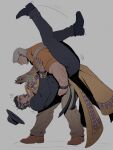  2boys arm_hair bead_bracelet beads black_coat black_facial_hair black_hair black_hat black_pants bracelet brown_pants brown_shoes coat commentary couple dancing dip_(dance_move) doctor_strange doctor_strange_(bleeker_street_strut) doctor_strange_(series) english_commentary eye_of_agamotto facial_hair full_body grey_background grey_hair hat highres holding_hands jacket jewelry magneto male_focus marvel marvel_rivals mature_male motion_lines multicolored_hair multiple_boys muscular muscular_male necklace official_alternate_costume open_mouth orange_jacket pants profile scar scar_on_hand scarf serpentbun shirt shoes short_hair streaked_hair surprised unworn_hat unworn_headwear white_facial_hair white_hair x-men yaoi yellow_scarf yellow_trim 