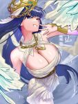  1girl abstract_background absurdres belt blue_eyes blue_hair blue_wings breasts brown_belt chain cleavage commentary cowboy_shot criss-cross_halter crown dress earrings english_commentary from_above gold_bracer gold_chain gold_crown halterneck hand_up highres hololive hololive_english jewelry large_breasts long_hair looking_at_viewer official_alternate_costume ouro_kronii ouro_kronii_(goddess) parted_lips smile solo standing stud_earrings veil very_long_hair virtual_youtuber white_dress white_veil white_wings wings yodogama 