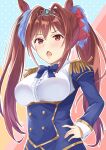  1girl aiguillette animal_ears blue_bow blue_jacket blush bow breasts brown_hair center_frills commentary_request daiwa_scarlet_(peak_blue)_(umamusume) daiwa_scarlet_(umamusume) epaulettes frills hair_intakes highres horse_ears horse_girl itaba_atsushi jacket large_breasts long_hair long_sleeves looking_at_viewer open_mouth red_eyes shirt solo tiara twintails umamusume upper_body very_long_hair white_shirt 