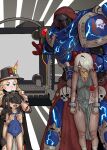 1boy 3girls absurdres adeptus_astartes armor black_hair blonde_hair blue_eyes blue_lips candle chaos_space_marine commentary covering_another's_eyes dark-skinned_female dark_skin ebonyxh english_commentary eylin_eyla_(ebonyxh) fukouna_shoujo_03 full_armor helmet highres hood inquisition_(warhammer) lua_platinum_(ebonyxh) multiple_girls night_lords orange_eyes pauldrons power_armor purity_seal school_swimsuit shoulder_armor size_difference swimsuit warhammer_40k white_hair 