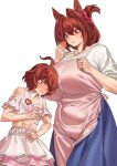  1boy 1girl absurdres ahoge animal_ears apron bare_shoulders blue_skirt blush breasts brown_hair clothing_cutout commentary_request commission cropped_shirt crossdressing crossdressing_(mtf) daiwa_scarlet_(umamusume) fukuro_(maruaru00) hair_between_eyes hair_intakes highres huge_breasts layered_skirt meni_shuki_rush-sshu! midriff mother_and_child mother_and_son open_mouth parent_and_child pink_apron pink_shirt pink_skirt pixiv_commission red_eyes shirt short_hair shoulder_cutout skirt textless_version umamusume white_shirt 