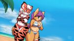 16:9 4k absurd_res anthro beach big_breasts bikini black_striped_fur blue_bikini blue_clothing blue_eyes blue_sky blue_swimwear breasts canid canine canis cleavage clothed clothing cloud colored_edge_bikini countershading crossed_arms domestic_dog duo dutch_angle felid female finnish_spitz freja_(artist) fur glistening glistening_body hair hand_on_own_mouth hi_res looking_at_another looking_at_viewer mammal nature_background navel orange_body orange_fur outside palm_tree pantherine pattern_bikini pattern_clothing pattern_swimwear plant purple_hair red_bikini red_clothing red_eyes red_swimwear sand sea shantae shantae_(series) side-tie_bikini sky slightly_chubby smile spitz standing string_bikini striped_bikini striped_body striped_clothing striped_fur striped_swimwear stripes swimwear tail_around_another tan_body tan_fur tiger trans_(lore) trans_woman_(lore) tree two-piece_swimsuit water wayforward white_hair widescreen
