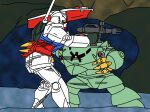  beam_rifle claws commentary_request earth_federation energy_gun gun gundam highres holding holding_gun holding_weapon mecha mecha_focus mobile_suit mobile_suit_gundam no_humans one-eyed one-eyed_mecha reprilo_channel retro_artstyle robot rx-78-2_gundam science_fiction shield v-fin weapon yellow_eyes zeon zock 
