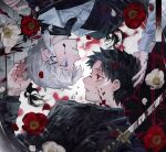  2boys absurdres black_coat black_hair black_sweater blood blood_on_face blood_on_hand blood_on_weapon blood_splatter blue_eyes bubble camellia coat collared_shirt commentary_request enten_(sword) expressionless eye_contact falling_petals flower hair_tie halftone hand_on_another's_head heart6_6station highres kagurabachi katana looking_at_another multiple_boys open_clothes open_coat parted_lips petals portrait red_eyes red_flower ripples rokuhira_chihiro rotational_symmetry sazanami_hakuri scar scar_on_cheek scar_on_face scar_on_forehead shirt short_hair sweater sword telescope_goldfish translation_request turtleneck turtleneck_sweater very_short_hair weapon white_background white_flower white_hair white_shirt 