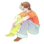  1boy 1owov15 aiden_(disventure_camp) animification blue_overalls commentary disventure_camp english_commentary highres multicolored_hair open_mouth overalls red_shirt shirt smile solo split-color_hair two-tone_hair 