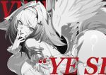  1girl absurdres breasts chinese_commentary commentary_request cosplay detached_sleeves droopy_ears feathered_wings fingernails from_side hairband highres large_breasts lcy_bingzi licking licking_finger licking_own_finger long_fingernails long_hair looking_at_viewer mindscape_cinema_(zenless_zone_zero) remielle_dan remielle_dan_(cosplay) solo spot_color tail tongue tongue_out wings ye_shunguang ye_shunguang_(enlightened_state) zenless_zone_zero 