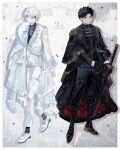  2boys absurdres alternate_costume anniversary ben-day_dots black_boots black_cape black_fur black_gloves black_hair black_pants black_shirt black_socks blue_eyes blue_garter_belt blue_garter_straps blue_gem boots border cape collar_chain_(jewelry) collared_shirt commentary_request confetti dress_shoes english_text enten_(sword) epaulettes expressionless frilled_sleeves frills full_body fur-trimmed_cape fur_trim garter_belt garter_straps gem gloves gold_trim heart6_6station highres holding holding_sword holding_weapon inset_border kagurabachi katana knee_boots lace-up_boots light_smile looking_at_another looking_at_viewer male_focus multiple_boys ornate_border oxfords pants prince red_eyes rokuhira_chihiro sash sazanami_hakuri scar scar_on_cheek scar_on_face scar_on_forehead scar_on_nose screentones shirt shoes short_hair side_cape socks sparkle suit sword very_short_hair weapon white_background white_border white_cape white_fur white_hair white_pants white_shoes white_suit wing_collar 
