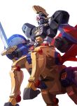  arm_shield centaur clenched_hand commentary_request daibajin highres holding holding_sword holding_weapon horns korean_commentary mecha mecha_focus mechanical_wings rearing red_wings robot simple_background solo standing sword taedu taur time_bokan_(series) weapon white_background wings yattodetaman yellow_eyes yellow_horns 