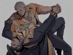  2boys absurdres arm_hair bead_bracelet beads beard black_coat black_facial_hair black_hair black_hat black_pants blue_eyes bracelet chest_hair closed_eyes coat couple dancing doctor_strange doctor_strange_(bleeker_street_strut) doctor_strange_(series) english_commentary eye_of_agamotto facial_hair grey_background grey_streaks hand_on_another's_shoulder hat highres holding_hands jacket jewelry looking_at_another magneto male_focus marvel marvel_rivals mature_male multicolored_hair multiple_boys muscular muscular_male mustache necklace number_tattoo official_alternate_costume open_clothes open_mouth open_shirt orange_jacket pants ring scarf serpentbun shirt short_hair smile streaked_beard streaked_hair tattoo white_shirt x-men yaoi yellow_scarf 