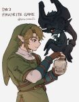  1boy 1girl belt blue_eyes brown_gloves brown_hair bug colored_sclera commentary english_commentary english_text esuyaaa12 fingerless_gloves gloves green_hat green_tunic grey_background hat highres holding holding_jar jar larva link midna midna_(imp) pointy_ears red_eyes simple_background the_legend_of_zelda the_legend_of_zelda:_twilight_princess tunic twitter_username yellow_sclera 