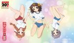  3girls :o absurdres alternate_hairstyle anime_coloring anniversary arm_up asahina_mikuru barefoot blue_buruma braid breasts breasts_apart brown_hair bubble_background buruma collarbone colorful_background commentary_request copyright_logo copyright_name copyright_notice from_above full_body gym_shirt gym_uniform hairband hand_grab highres holding_hands kadowaki_satoshi logo long_hair looking_at_viewer looking_up lying medium_breasts merchandise_available midriff multiple_girls nagato_yuki navel official_art on_side orange_hairband parted_lips red_buruma shirt short_hair short_sleeves simple_background small_breasts soles sparkle_background suzumiya_haruhi suzumiya_haruhi_no_yuuutsu twin_braids upside-down white_shirt 