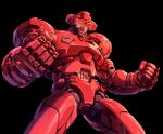  black_background clenched_hands commentary_request cowboy_shot glowing glowing_eyes green_eyes looking_at_viewer mecha mecha_focus no_humans red_baron red_baron_(anime) robot simple_background solo standing taedu 