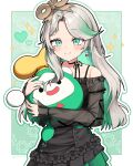 1girl :3 absurdres bilingual_commentary black_choker black_jacket border cecilia_immergreen cecilia_immergreen_(casual) choker closed_mouth colored_inner_hair commentary_request curtained_hair daemo72 doll_joints earrings english_commentary fingernails gears glint green_eyes green_hair green_nails grey_hair heart highres hololive hololive_english jacket jewelry joints light_blush long_fingernails long_hair long_sleeves looking_at_viewer mixed-language_commentary multicolored_hair nail_polish official_alternate_costume official_alternate_hairstyle otomo_(cecilia_immergreen) outline outside_border ribbon_choker see-through_clothes see-through_sleeves smile solo streaked_hair two-tone_hair upper_body virtual_youtuber white_border white_outline winding_key 