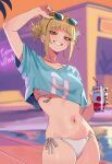  1girl absurdres bikini bikini_under_clothes blonde_hair blue_shirt boku_no_hero_academia can clenched_teeth cosplay cover_bikini_girl_(gta_vi) cover_bikini_girl_(gta_vi)_(cosplay) cover_bikini_girl_(gta_vi)_(pose) eyewear_on_head grand_theft_auto grin highres holding holding_can looking_at_viewer navel outdoors pool shirt short_hair side-tie_bikini_bottom smile sunglasses swimsuit teeth toga_himiko white_bikini zd_(pixiv6210083) 