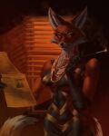 2023 anthro black_nose breasts canid canine cheek_tuft cigarette cigarette_holder evening_gloves facial_tuft fangs female fox fur guyinvintageclothes hi_res inner_ear_fluff inside jewelry mammal necklace newspaper nipples_visible_through_clothing orange_body orange_eyes orange_fur orange_sclera portrait reading reading_newspaper russian_text shaded signature smoke smoking solo tail teeth text three-quarter_portrait three-quarter_view tuft warm_lighting white_body white_fur white_inner_ear_fluff