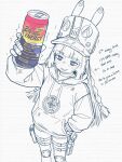  1girl @_@ alternate_costume arm_up bandaged_hand bandages blue_eyes caffichai can cowboy_shot dirty dirty_clothes drink drink_can english_text from_above grey_hat gun hand_in_pocket hat highres holding holding_can holding_drink jacket large_hat long_hair norma_hollowell open_mouth reaching reaching_towards_viewer shako_cap simple_background solo spot_color sweat thigh_strap very_long_hair weapon white_background zenless_zone_zero 