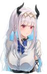  1girl absurdres black_horns blue_hair blush bow bowtie braid breasts colored_inner_hair commentary cropped_torso demon_horns diamond_hairband english_commentary gold_hairband hairband highres hiiro_amekawa horns lips lize_helesta long_hair long_sidelocks looking_at_viewer medium_breasts multicolored_hair nijisanji official_alternate_costume open_mouth red_bow red_bowtie red_eyes shirt shirt_tucked_in sidelocks simple_background solo two-tone_hair virtual_youtuber white_background white_hair white_mouth white_shirt 