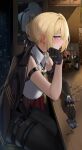  1girl arm_strap bar_(place) black_gloves blonde_hair blush bottle braid breasts closed_mouth commentary_request earrings evelyn_chevalier from_side gaitoou gloves head_rest highres jewelry large_breasts looking_at_viewer mole mole_under_eye purple_eyes sideways_glance skindentation solo thigh_strap thighs zenless_zone_zero 