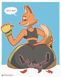 anthro barbell_piercing bodily_fluids bottomwear bra bulge canid canine canis cheek_tuft clothing diane_foxington dreamworks duo english_text erection erection_under_clothing eyebrow_piercing facial_piercing facial_tuft female fox fur green_eyes grey_body grey_fur hi_res looking_back macro male male/female mammal mr._wolf_(the_bad_guys) multicolored_body multicolored_fur orange_body orange_fur otherfurstrips piercing pink_nose shorts simple_background sitting sitting_on_another smile speech_bubble sports_bra sweat sweatdrop tan_body tan_fur text the_bad_guys tuft two_tone_body two_tone_fur underwear wolf