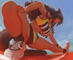  1girl absurdres animal_ears black_hair breasts brown_eyes buruma buttslayer cat_ears cat_tail commentary commission dark-skinned_female dark_skin day english_commentary facial_mark final_fantasy final_fantasy_xiv highres large_breasts long_hair miqo'te muscular muscular_female original outdoors running_track shuten_oshino_(rootinshuten) solo sports_bikini sports_bra stretching tail track_uniform warrior_of_light_(ff14) whisker_markings 