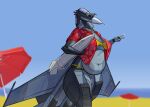 aeromorph aircraft aloha_shirt anthro beach biped clothing eyewear fangs female gesture hand_gesture hi_res living_aircraft living_machine living_vehicle machine metallic_body navel pattern_clothing pattern_shirt pattern_topwear sand sea shirt smile solo sunglasses swimwear teeth toothy_grin top_kek_m9 topwear umbrella v_sign vehicle water wings