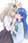  2girls absurdres ahoge antenna_hair black_dress blue_hair blush bow braid butterfly_hair_ornament dress eye_contact from_side grabbing_another's_chin grey_hair hair_bow hair_ornament hair_ribbon hand_on_another's_chin highres holding_hands howa_kurea howa_kurea_(civilian) imminent_kiss long_hair looking_at_another meitantei_precure! moria_luluka moria_luluka_(civilian) multiple_girls precure purple_eyes reiei_8 ribbon simple_background smile white_background yellow_eyes yuri 