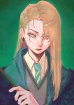 1girl absurdres commentary english_commentary genderswap genderswap_(mtf) green_eyes green_necktie harry_potter_(series) highres hogwarts_school_uniform holding holding_wand long_hair looking_at_viewer malfoid necktie robe school_uniform solo spero-manga striped_clothes striped_necktie two-sided_fabric two-sided_robe upper_body wand wizarding_world 