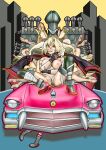  1girl bandages black_cape black_thighhighs breasts budget_sarashi cape car chest_sarashi commentary_request glasses gloves hairband high_heels kams kantai_collection large_breasts legs looking_at_viewer motor_vehicle musashi_(kancolle) nipples on_car open_mouth partially_fingerless_gloves partially_visible_vulva phallic_symbol pink_car pointy_hair rectangular_eyewear red_eyes sarashi semi-rimless_eyewear ship_turret sitting spread_legs striped_clothes striped_thighhighs thighhighs undone_sarashi 