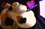 anthro areola belly big_areola big_belly big_butt big_moobs blob_body blobby bobtail_cat butt calico_cat calico_pattern cellulite clothing coiled_tail domestic_cat dominant duo electronics eyes_closed eyewear faceless_character faceless_human fat_rolls felid feline felis fujiyama_samoyed gaming glasses hi_res huge_areola huge_belly huge_moobs human hyper hyper_belly japanese_bobtail larger_anthro larger_dom larger_male male male/male mammal monitor moobs morbidly_obese morbidly_obese_anthro morbidly_obese_male navel neon_lights neon_sign nipples nude obese obese_anthro obese_male overweight overweight_anthro overweight_male sign size_difference smaller_human smaller_male smile tail tek_(fujiyamasamoyed) text thick_thighs tv_glow wide_hips