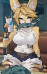 2026 5_fingers :3 anthro aquatic arm_tuft artist_name bangs beverage big_ears biped blonde_hair blush blush_lines bottomwear breasts chest_tuft choker cleavage clothed clothed_anthro clothed_female clothing colored crop_top detailed detailed_background digital_drawing_(artwork) digital_media_(artwork) eyebrows eyelashes fangs felid feline female female_anthro fingerless_gloves fingers fish food_in_mouth gloves green_eyes hair handwear hi_res holding_beverage holding_object hotpants inner_ear_fluff jewelry looking_at_viewer lowgrowls mammal medium_breasts mihoyo navel necklace pantherine portrait pose pulchra_fellini pupils shaded shirt shorts shoulder_tuft side_bangs signature slit_pupils solo sparkles teeth text thiren three-quarter_portrait topwear tuft white_clothing white_crop_top white_topwear zenless_zone_zero