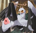 absurd_res accipitriform anatomically_correct animal_genitalia avian avian_butt avian_feet beak bed bird black_body bodily_fluids brown_eyes cloaca cloaca_juice detailed_background digitigrade dripping duo feathered_wings feathers feet female female_feral feral furniture genital_fluids genitals hellz_rain hi_res human inviting leaking legs_up looking_at_viewer lying mammal nude on_bed open_mouth saliva scuted_feet scutes secretary_bird seductive solo sweat tail tongue white_body wings