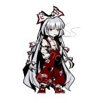  1girl arm_strap ba_yun_qi bow chinese_commentary cigarette commentary_request fujiwara_no_mokou full_body hair_bow limbus_company long_hair multi-tied_hair pants parody project_moon red_pants red_shoes red_trim shoes simple_background smoke smoking solo style_parody suspenders touhou very_long_hair white_background white_bow white_hair 