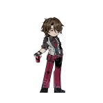  1boy ba_yun_qi beard_stubble black_shirt black_shoes brown_eyes brown_hair can chinese_commentary closed_mouth collared_shirt commentary_request facial_hair gallagher_(honkai:_star_rail) holding holding_can honkai:_star_rail honkai_(series) limbus_company necktie pants parody pink_necktie pink_pants project_moon shirt shoes simple_background solo stubble style_parody vest white_background white_vest 