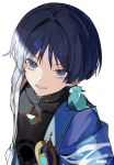  1boy animal_on_shoulder aqua_bird artist_name bird bird_on_shoulder bishounen black_bodysuit black_hair blue_cape blue_gem blue_kimono blunt_ends bodysuit bright_pupils cape covered_collarbone eyeliner gem genshin_impact gold hair_intakes highres japanese_clothes juban kimono looking_at_viewer lower_eyelashes_only makeup male_focus mandarin_collar multicolored_hair open_clothes open_kimono parted_lips portrait purple_eyes purple_hair red_eyeliner rtms scaramouche_(genshin_impact) short_sleeves shoulder_peek side_cape sidelighting smile solo streaked_hair tsurime vision_(genshin_impact) wanderer_(genshin_impact) white_background white_kimono white_mouth white_pupils white_sleeves white_trim wispy_bangs wolf_cut 