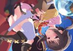  1girl ass bandaged_leg bandages blurry blurry_foreground blush brown_hair chromatic_aberration collared_shirt commentary_request from_below highres kono_subarashii_sekai_ni_bakuen_wo! kono_subarashii_sekai_ni_shukufuku_wo! looking_at_viewer mage_staff megumin nazonaji necktie parted_lips pink_shirt red_eyes shirt sideways staff variant_set 