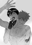  2boys absurdres blush collarbone commentary_request commission english_commentary finger_in_another's_mouth front-to-back gloves greyscale haikyuu!! hand_on_another's_arm harububa highres hinata_shouyou implied_sex kageyama_tobio male_focus mixed-language_commentary monochrome multiple_boys nipples partial_commentary protected_link second-party_source sweat thai_commentary upper_body yaoi 